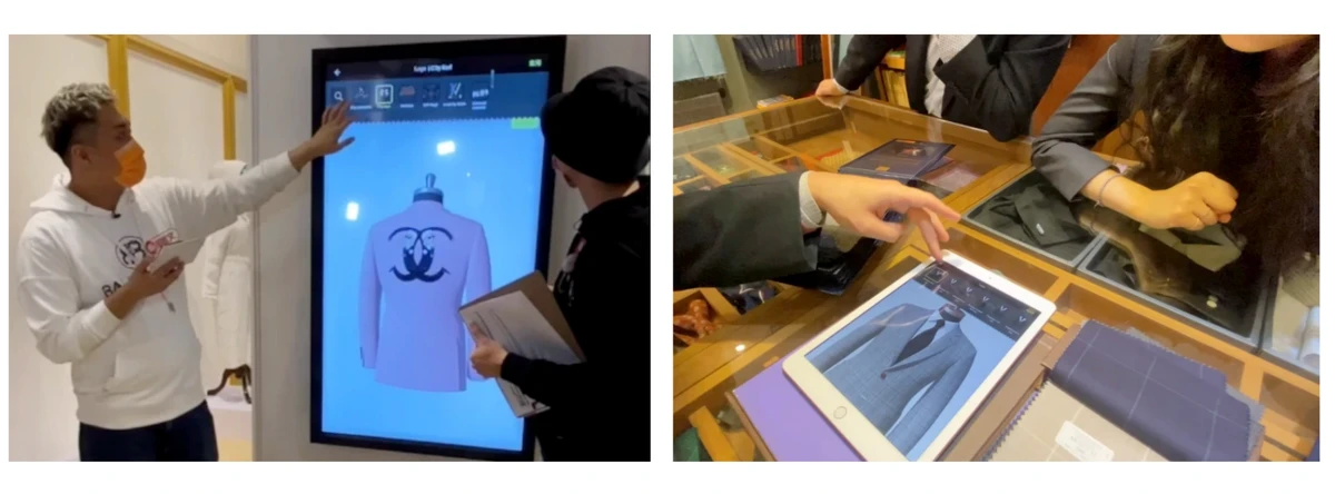 Customers interacting with the 3D configurator display in a brick-and-mortar retail store